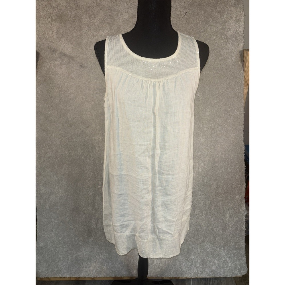 Lungo L'arno Xs 100% Linen Sleeveless Knee Cream Beaded Shift